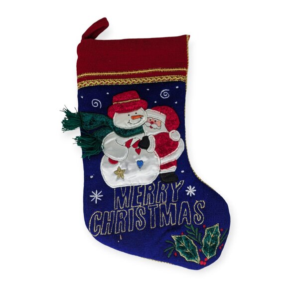 Santa & Snowman Merry Christmas Blue & Red Christmas Stocking - Picture 1 of 6